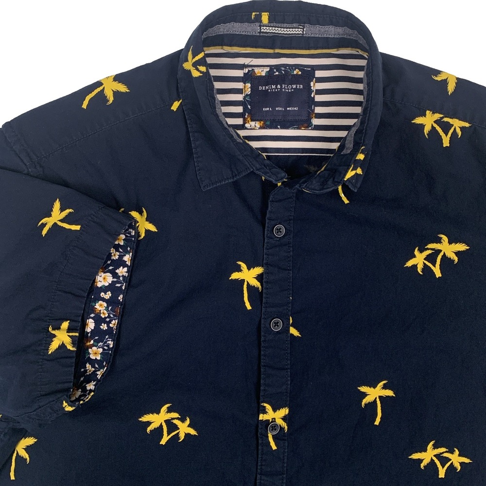Denim & Flower Ricky Singh Shirt Men’s L Navy Palm Print Button Up Cotton